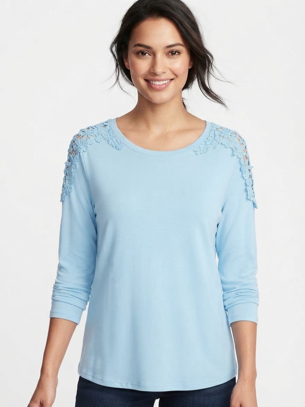 Women’s Light Blue Long Sleeve Top with Lace Shoulder Detail NWOT